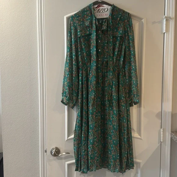 Haokeke Green Floral Long Sleeve Chiffon Pleated Midi Dress - M - Picture 7 of 16